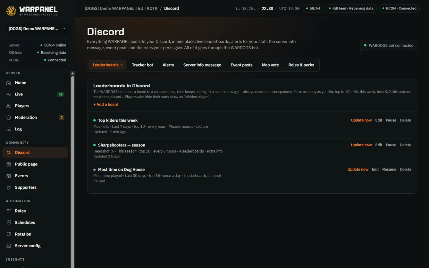 WARPANEL's Discord page with leaderboards posted to Discord