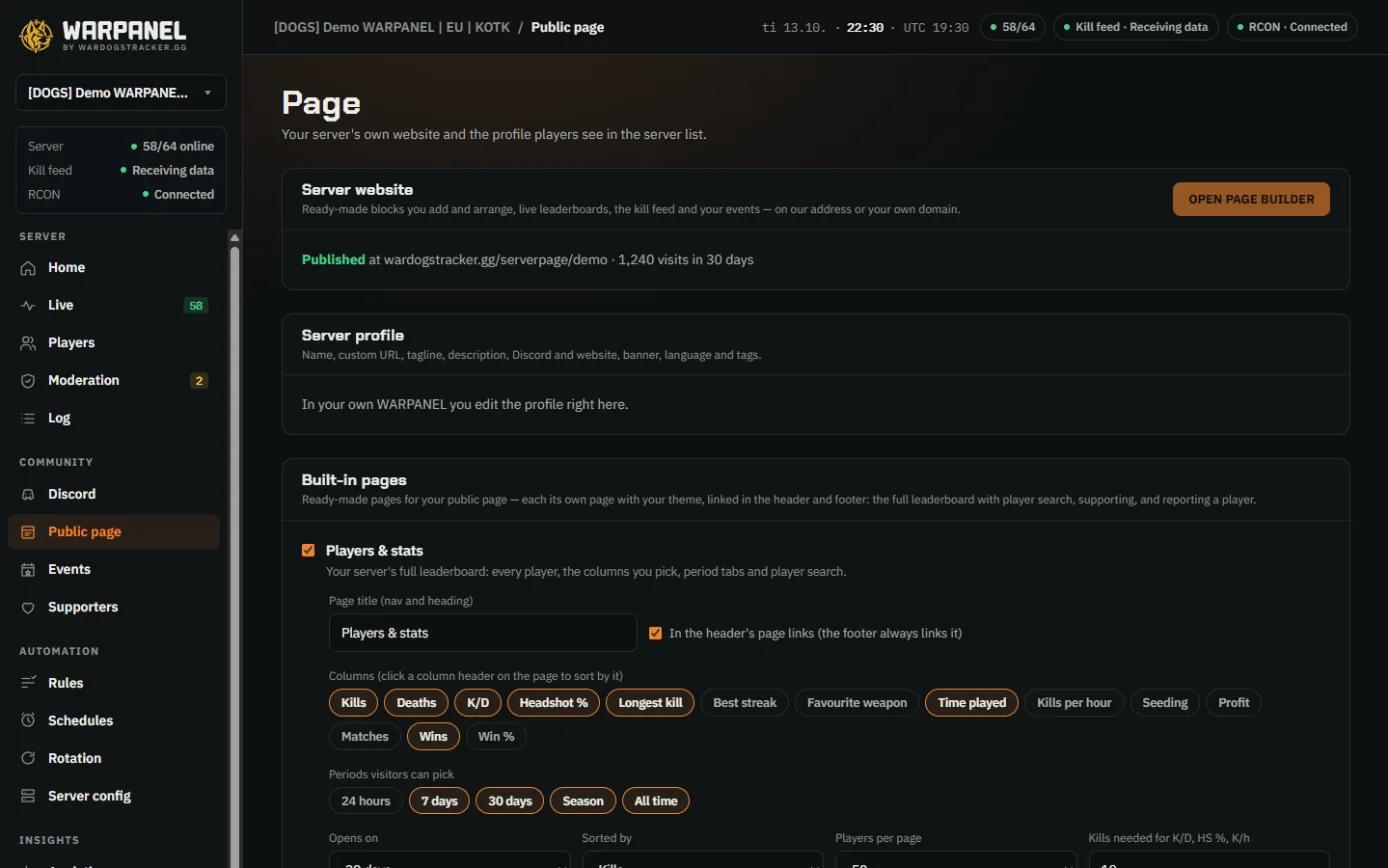 WARPANEL's public page settings and page builder